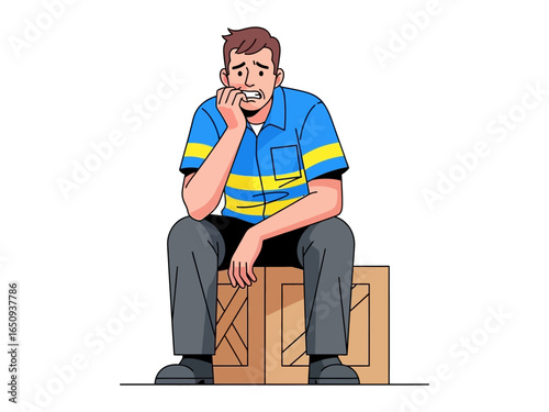 Anxious Contemplation: A person sits perched atop a wooden crate, lost in deep thought, their expression revealing a moment of stress and worry. 