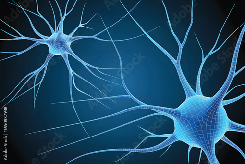 A 3D wireframe illustration of two neural cells against a deep blue background