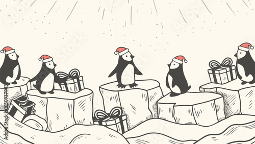 Penguins wearing santa hats standing on ice floes with christmas gifts in a winter wonderland scene silhouette