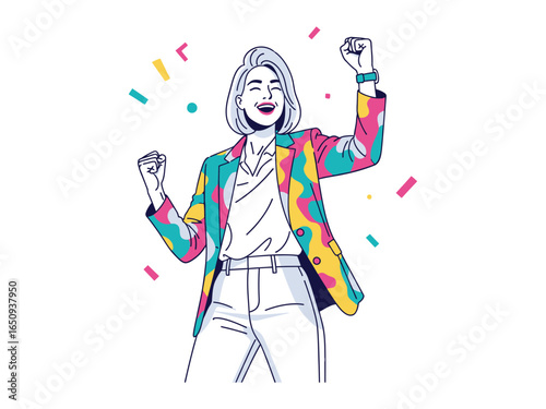 Victory and Joy: This illustration showcases a woman celebrating triumph. She radiates a sense of joy, with confetti adding to the festive atmosphere, embodying success and achievement.