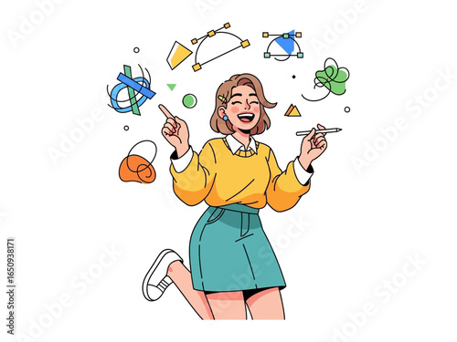 Creative Imagination: A young woman artist, brimming with joy, juggles design elements, her inspiration flowing freely in this graphic illustration of creative expression.
