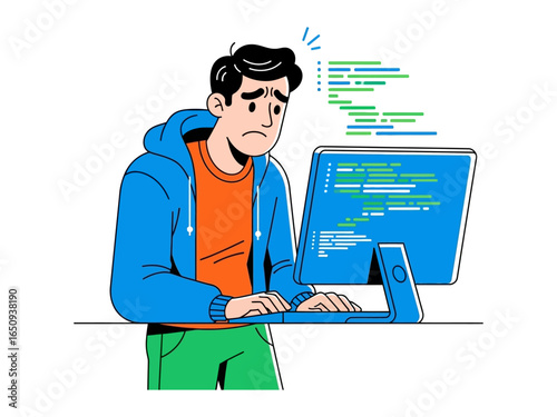 Coding Dilemma: A distressed coder grapples with a complex coding problem, hunched over a computer, displaying a visual metaphor for the struggles of software development. 