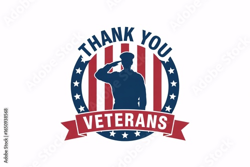 Photo of thank you veterans emblem with a soldier saluting, isolated on white background