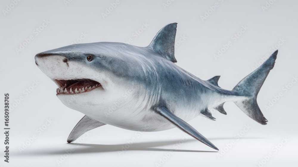 Fototapeta premium A detailed 3D rendering of a shark, swimming towards the viewer against a neutral white backdrop. Its mouth is slightly open, revealing sharp teeth