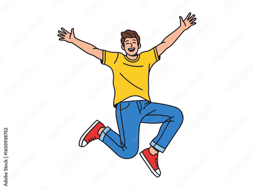 Fototapeta premium Joyful Leap: A happy person in a casual outfit leaps with arms wide open, radiating pure joy and enthusiasm in a clean, isolated depiction.