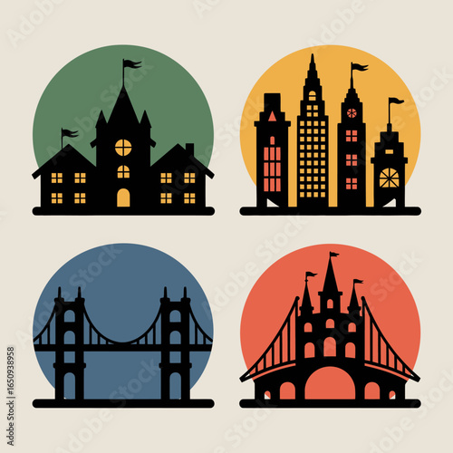 Cityscape Silhouettes: An artful collection of cityscape silhouettes. From majestic buildings to iconic bridge, set against colorful, gradient circles. This image exudes a sense of urban charm.