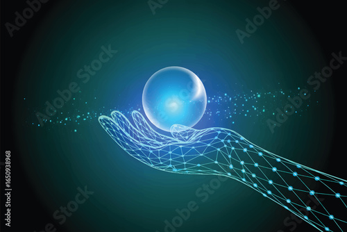 A digital art composition of a glowing blue digital hand reaching the moon