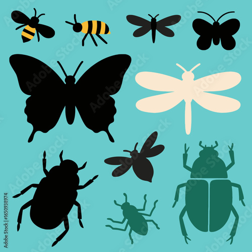 Insect Silhouettes in the Sky: A curated arrangement of insect silhouettes, each meticulously rendered in a flat design style, capturing the diversity of the natural world. 