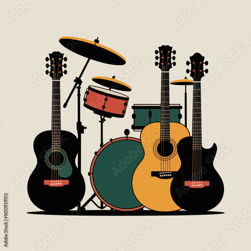 Musical Instruments: A vibrant collection of guitars and a drum kit stand side-by-side in a musical symphony, exuding an inviting energy.