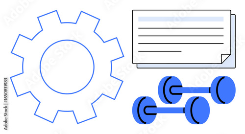 Gear icon, stacked documents, and dumbbells reflecting growth, organization, learning, fitness, and balance. Ideal for productivity, self-improvement time management fitness health learning