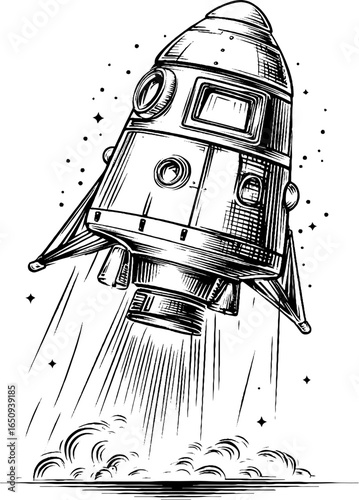 Vintage engraved illustration of a space capsule launch silhouette