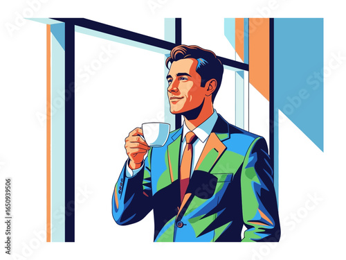 Contemplative Pause: A stylish individual savors a moment of tranquility, sipping from a delicate cup while gazing through a large window, a portrait of professional calm.