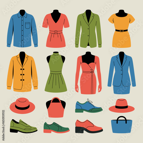 Fashion Essentials Silhouettes: A curated selection of iconic silhouettes showcasing essential clothing and accessories, rendered in a minimalist style for versatile design applications.