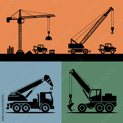 Construction Silhouette: A graphic arrangement of construction vehicles and a hard hat in a collage, demonstrating the work involved in construction and projects.