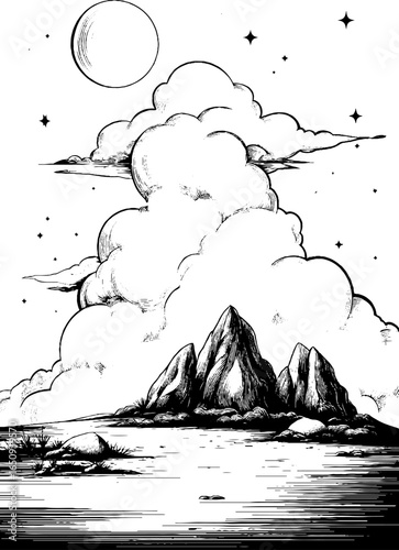 Vintage night sky with mountains and clouds - hand drawn engraving for retro design