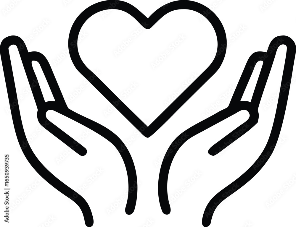 Fototapeta premium Black and White Line Art of Hands Holding Heart Symbol Minimal Vector Illustration of Care, Love, Protection, and Compassion