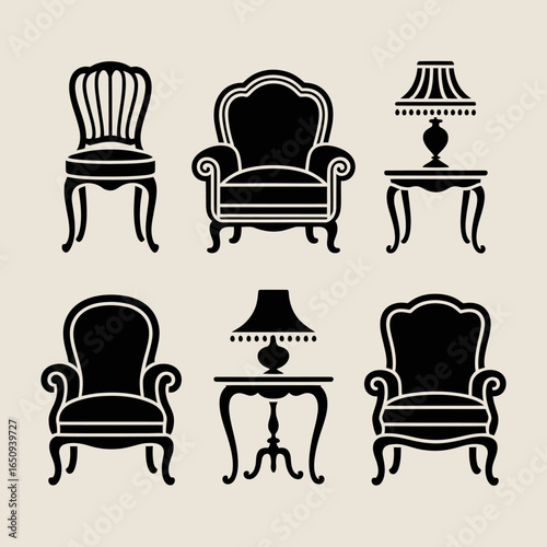 Vintage Furniture Silhouettes: An array of classic chair and table designs, captured in elegant silhouette style, showcasing the timeless charm of antique furniture.