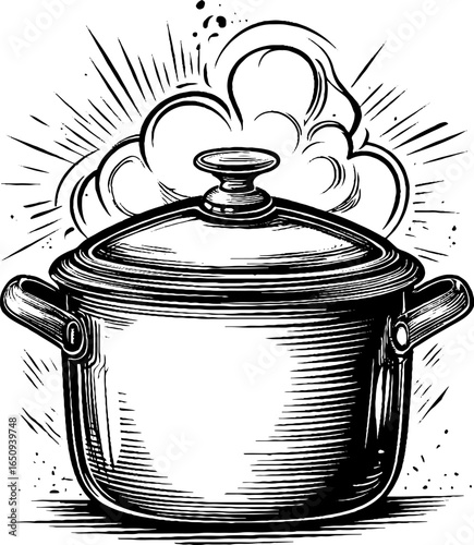 Vintage engraved stockpot sketch with bold black lines for culinary design