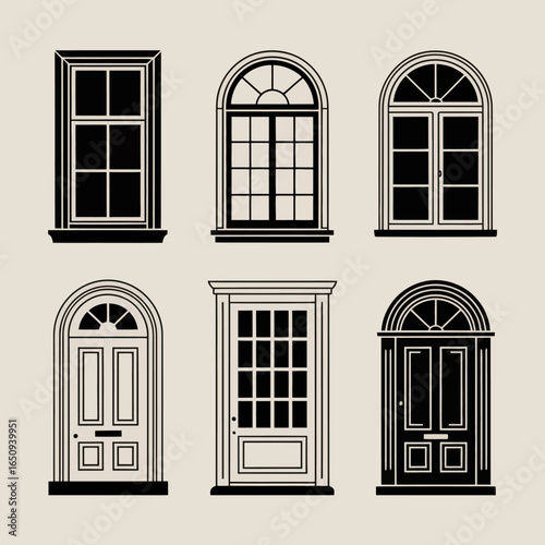 Architectural Elegance: A captivating assortment of meticulously drawn windows and doors, each showcasing unique design elements, ready for architectural visualization or design purposes.