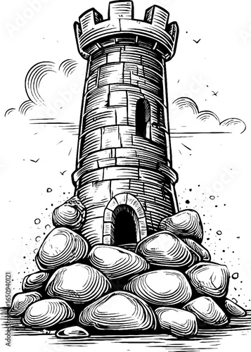 Vintage hand-drawn engraving of stone tower with rock base for design and print