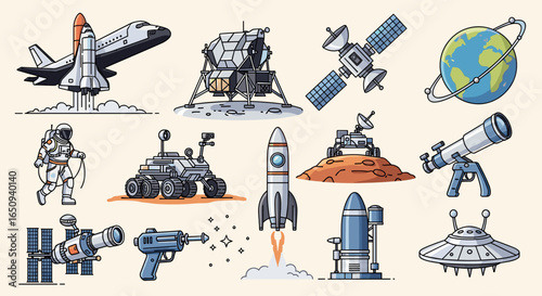 Collection of cartoon style space exploration elements including rockets satellites and astronaut gear shown