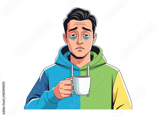 Weary Morning: A tired man, clutching a coffee cup, faces a bleary-eyed start, highlighting the struggles of early mornings and exhaustion.