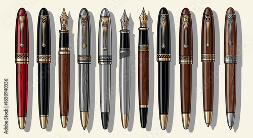 A collection of ten fountain pens in various colors and designs arranged in a straight line on a surface