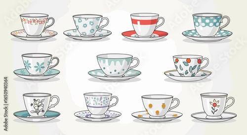 Collection of eleven teacups and saucers each with a different pattern and color scheme arranged neatly