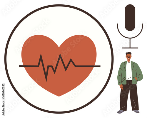 Red heart with heartbeat line beside standing man in casual outfit and microphone icon. Ideal for wellness, healthcare, podcast, lifestyle, awareness, communication, education. Simple flat metaphor