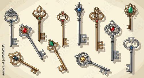 A collection of ornate keys with various designs and gemstones displayed on a neutral background color