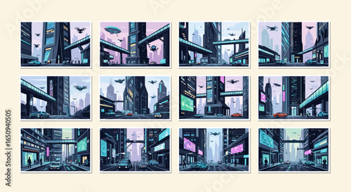 Twelve images showing futuristic cityscapes with flying vehicles and elevated walkways in a grid layout