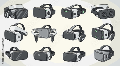Collection of twelve virtual reality headsets in various styles and designs on a light background