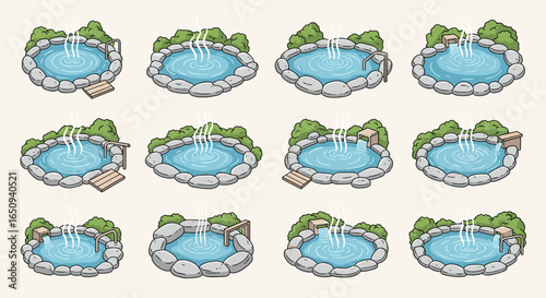 Illustrative collection of onsen hot springs surrounded by rocks and greenery in various designs