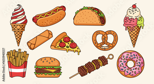 Illustration of various fast food items including burger pizza and ice cream on a light background