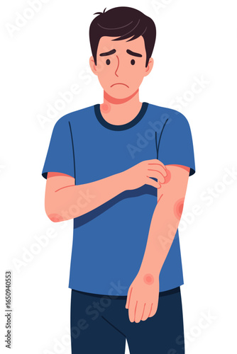 Sad Man with Rash on Arm Scratching Skin Showing Signs of Irritation or Allergic Reaction