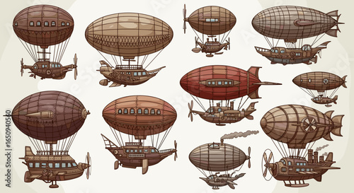 Collection of steampunk airships and balloons with intricate designs and various shapes and sizes displayed
