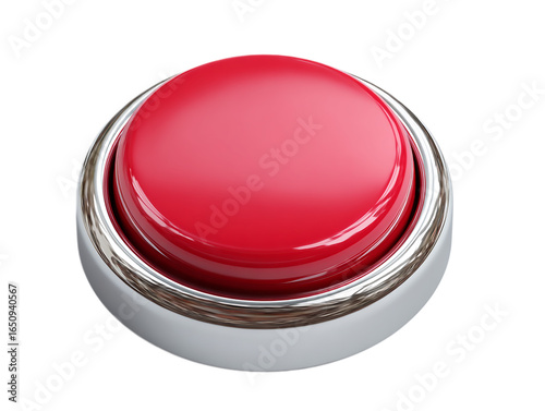 Close up of a single red button with a silver metallic border on a isolated on transparent background