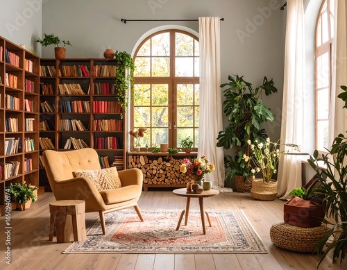 Cozy library living room with large windows