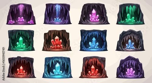 Collection of twelve crystal caves with various colors and designs in a fantasy style illustration