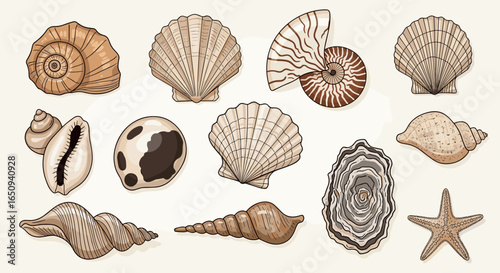 Illustration of various types of seashells including scallop nautilus and conch on a light background