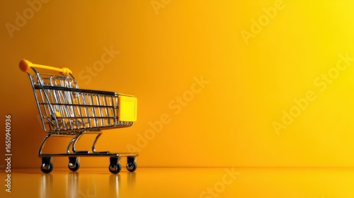 A small, shiny shopping cart sits against a vivid yellow backdrop, symbolizing consumerism and shopping experiences, evoking a sense of optimism and excitement.