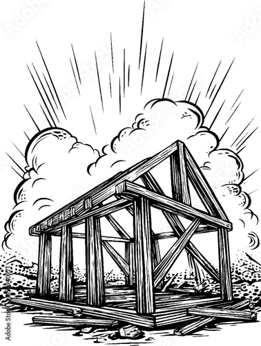 Vintage timber frame structure engraved illustration with dramatic sky silhouette
