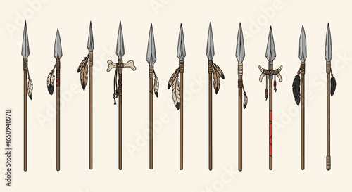 Illustration showcasing a collection of native american spears with decorative elements and spearheads