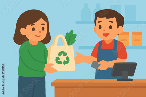 Supermarket Cashier Serving Customer with Eco-Friendly Reusable Shopping Bag