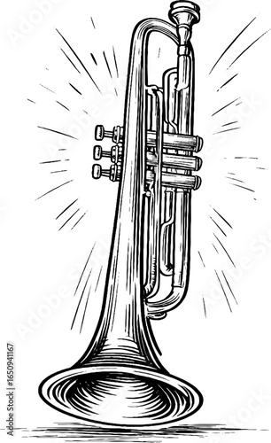 Hand drawn engraved illustration of a trumpet in black bold lines for retro music design
