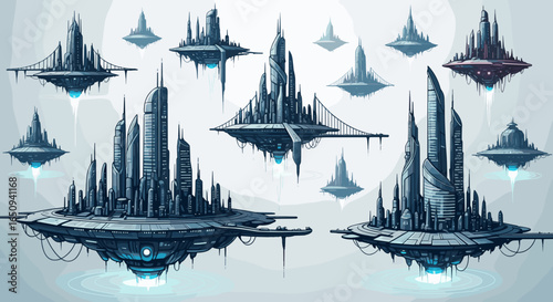 Illustration of futuristic floating cities with bridges and detailed architecture on light background