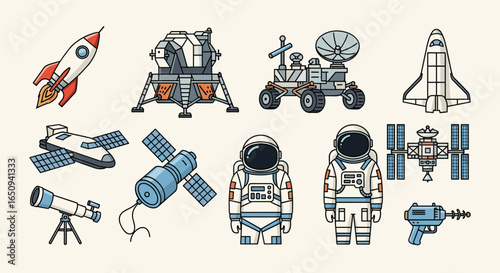 Illustration of space exploration elements including rocket, astronauts, rover, and space station icons