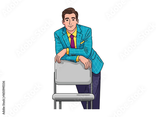 Confident Businessman with Chair: A sophisticated businessman in a tailored suit, leaning against a modern chair, exudes confidence and approachability. It's a clean, modern illustration.