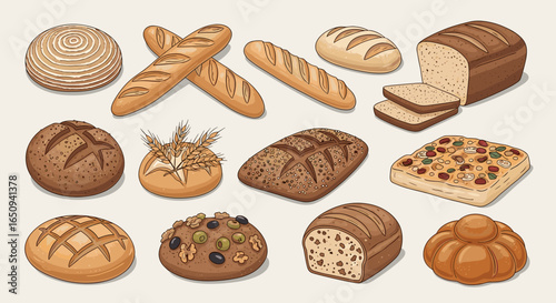 Assorted breads including baguettes, loaves, and artisan breads are displayed in a bakery style arrangement