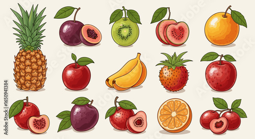 Illustration of various fruits including pineapple bananas plums and oranges arranged in a pattern